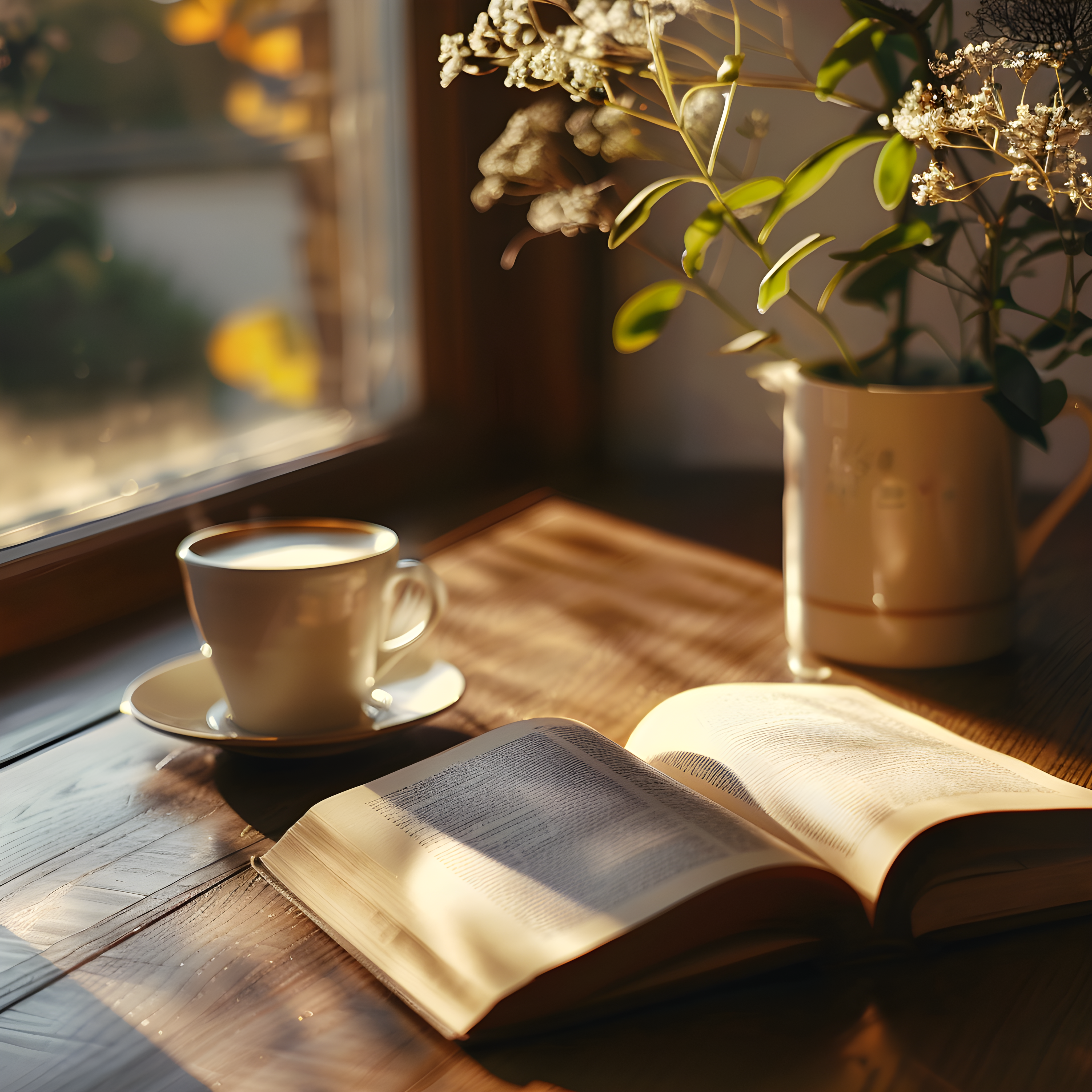 Book on wooden table with a cup of coffee and coffee beans on the table