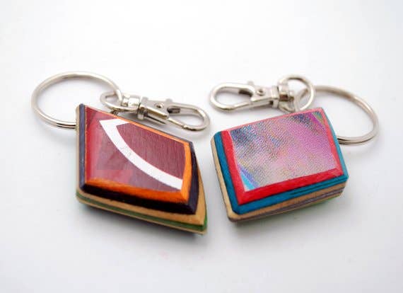 Recycled Handmade Wood Skateboard Keychain