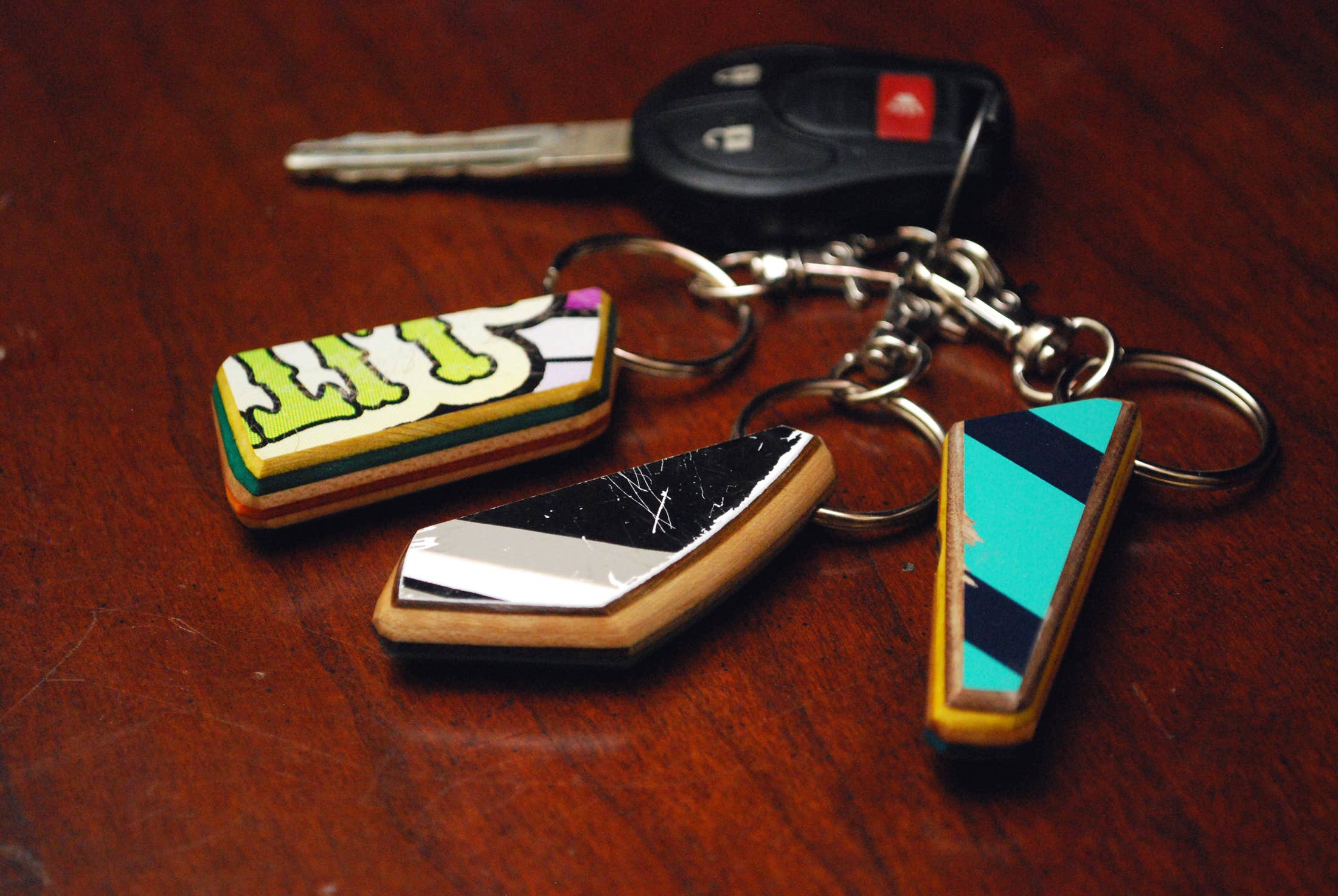 Recycled Handmade Wood Skateboard Keychain