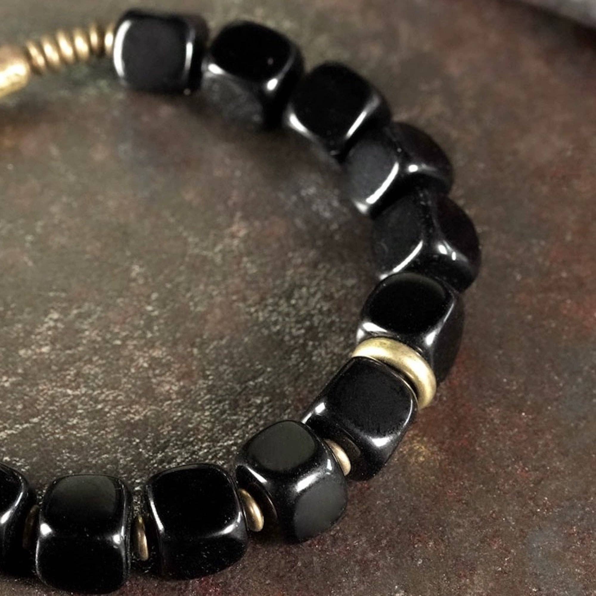 Chunky Black Obsidian Block Bead Bracelet with Bronze Bangle