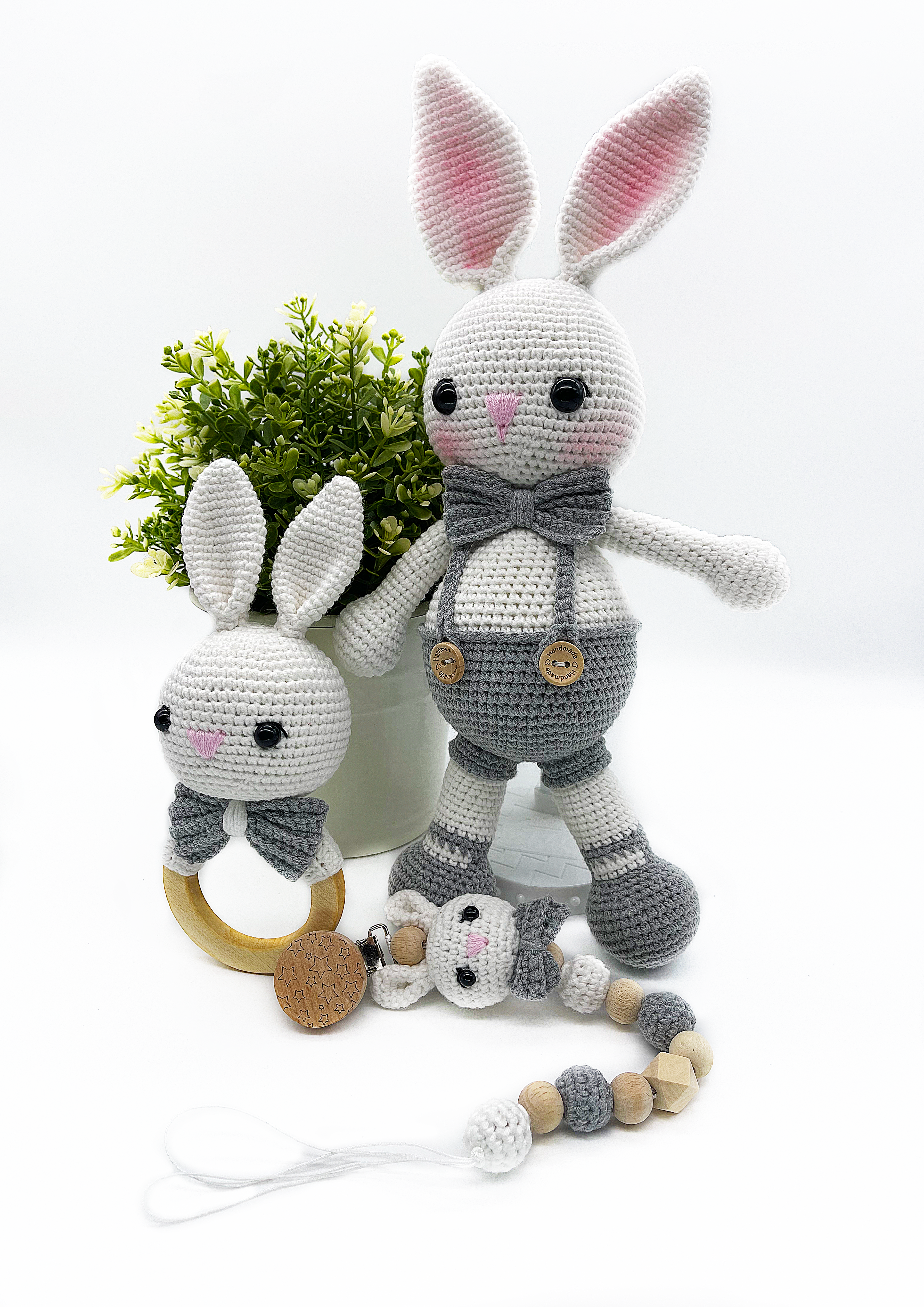 Crochet Baby Bunny Set-Rattle, Bunny and Pacifier Clip- Grey