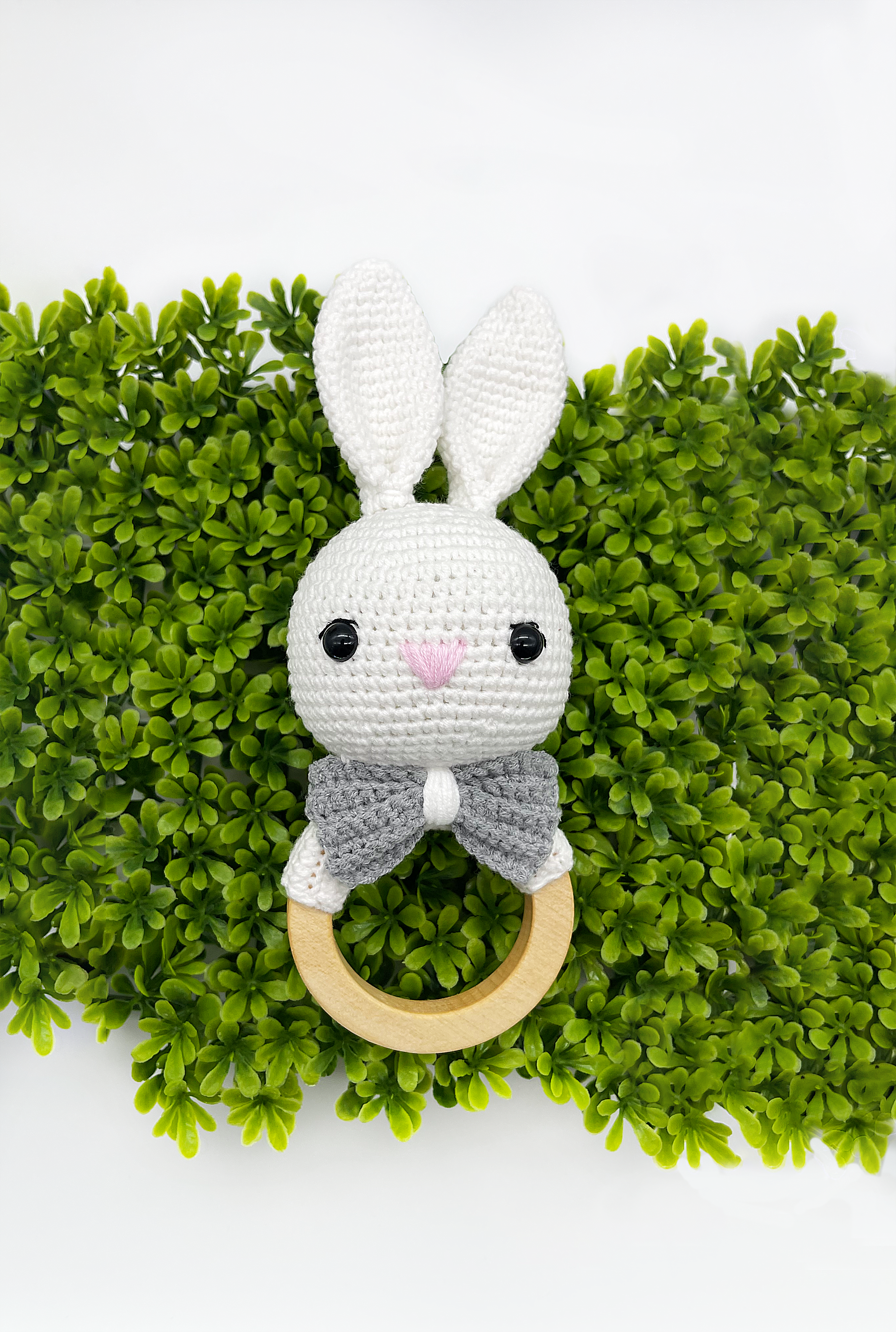 Crochet Baby Bunny Set-Rattle, Bunny and Pacifier Clip- Grey