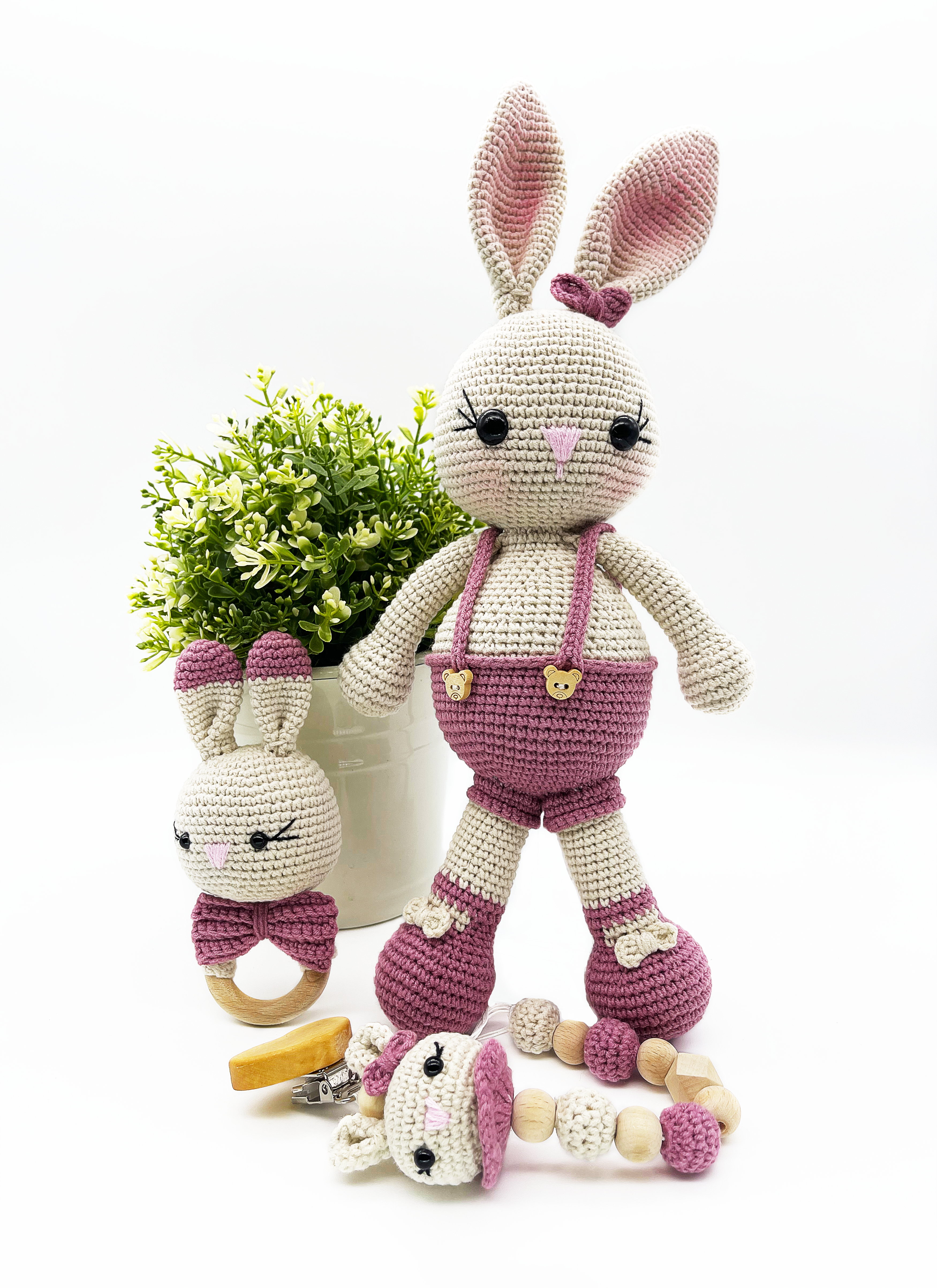 Crochet Baby Bunny Set-Rattle, Bunny and Pacifier Clip- Pink