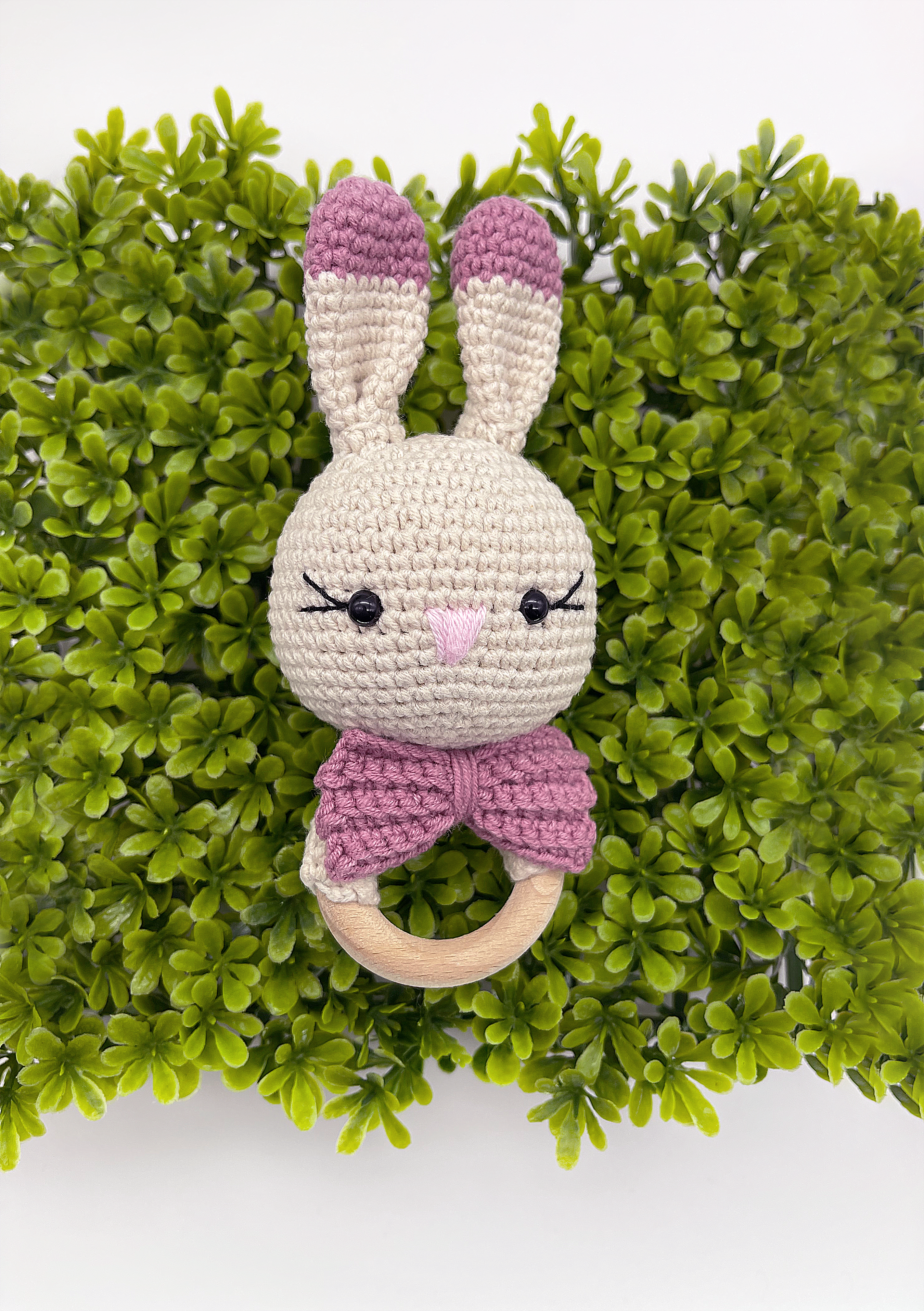Crochet Baby Bunny Set-Rattle, Bunny and Pacifier Clip- Pink