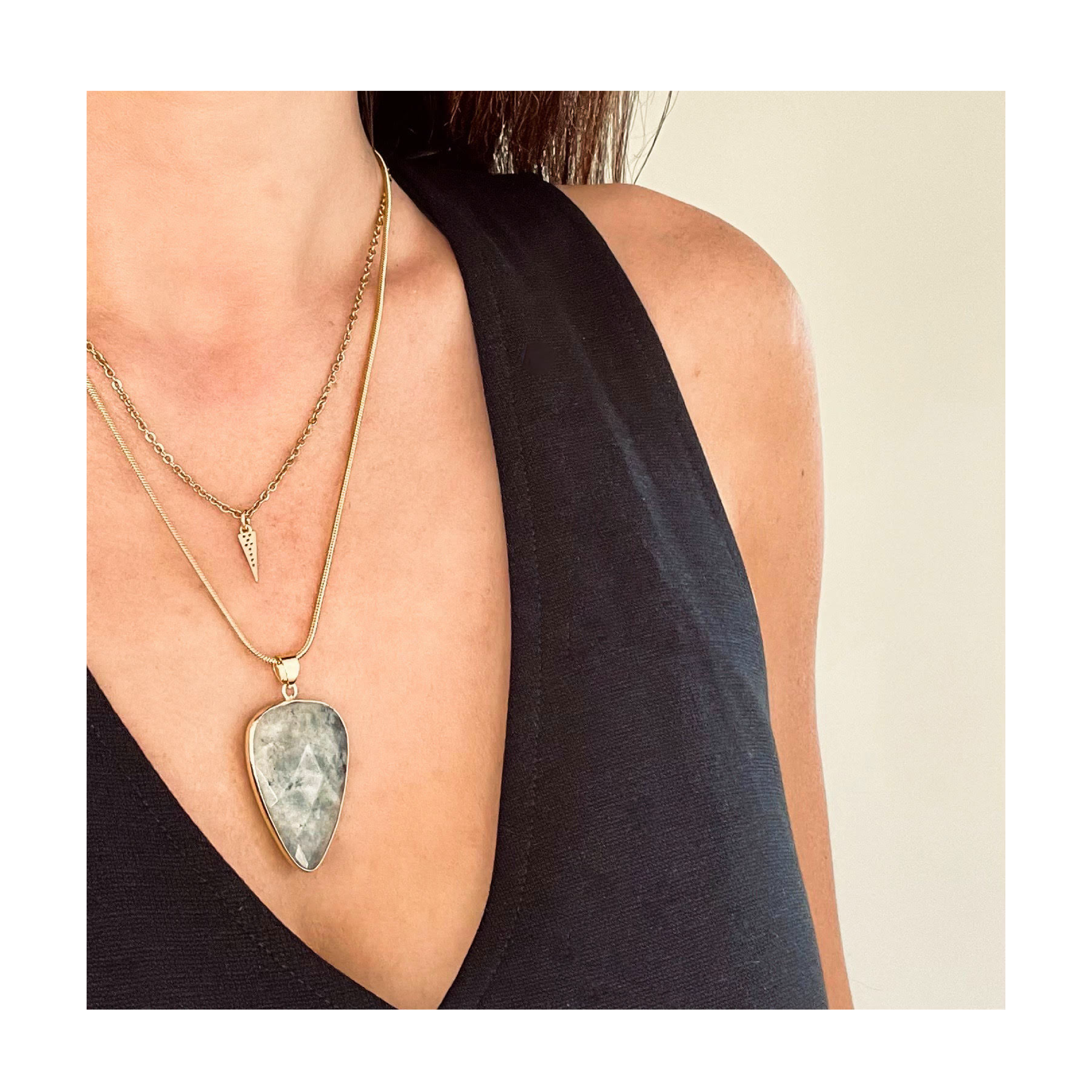 Labradorite Drop Pendant Necklace. Non tarnish Gold