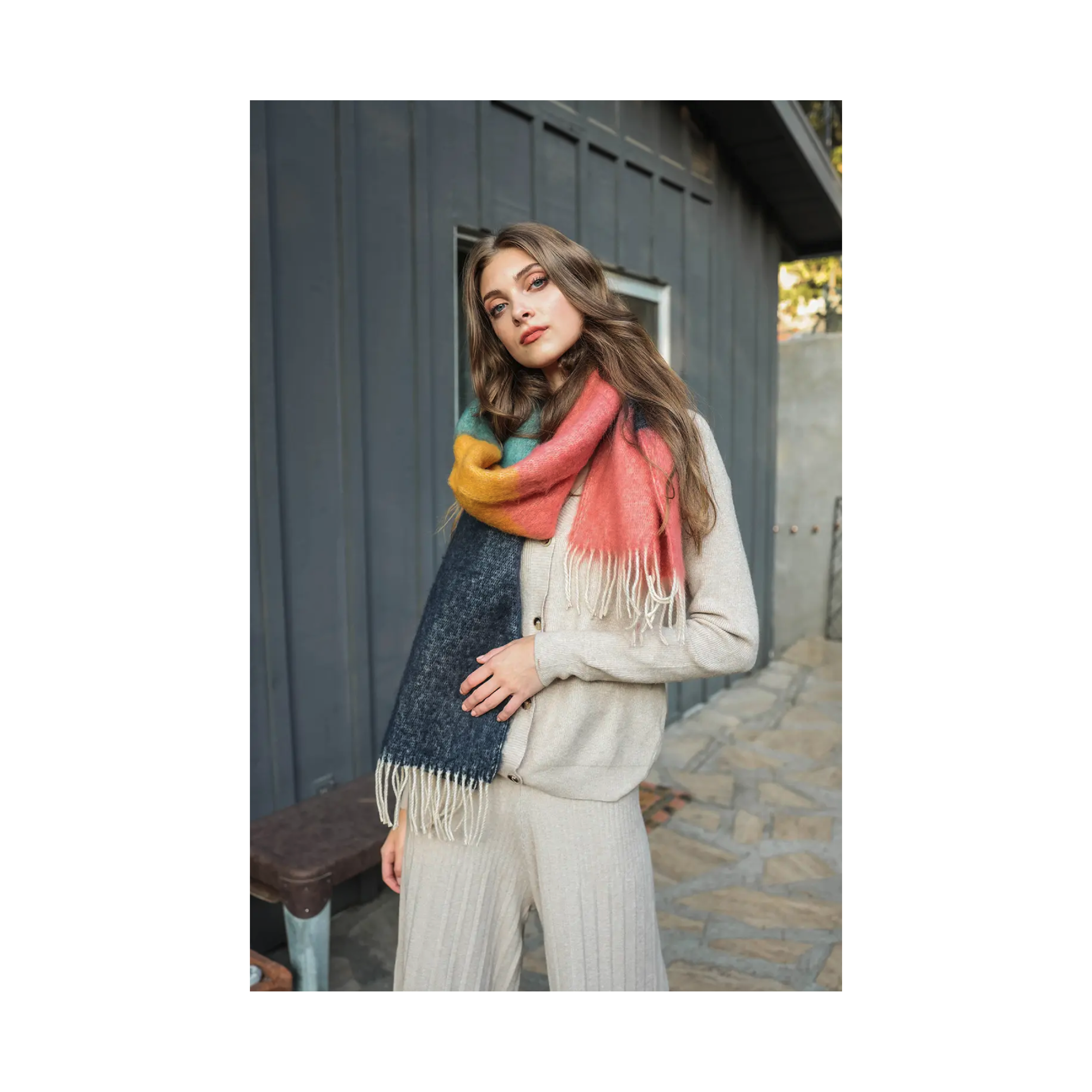 Color Block Soft Faux Mohair Scarf: Rose/Navy