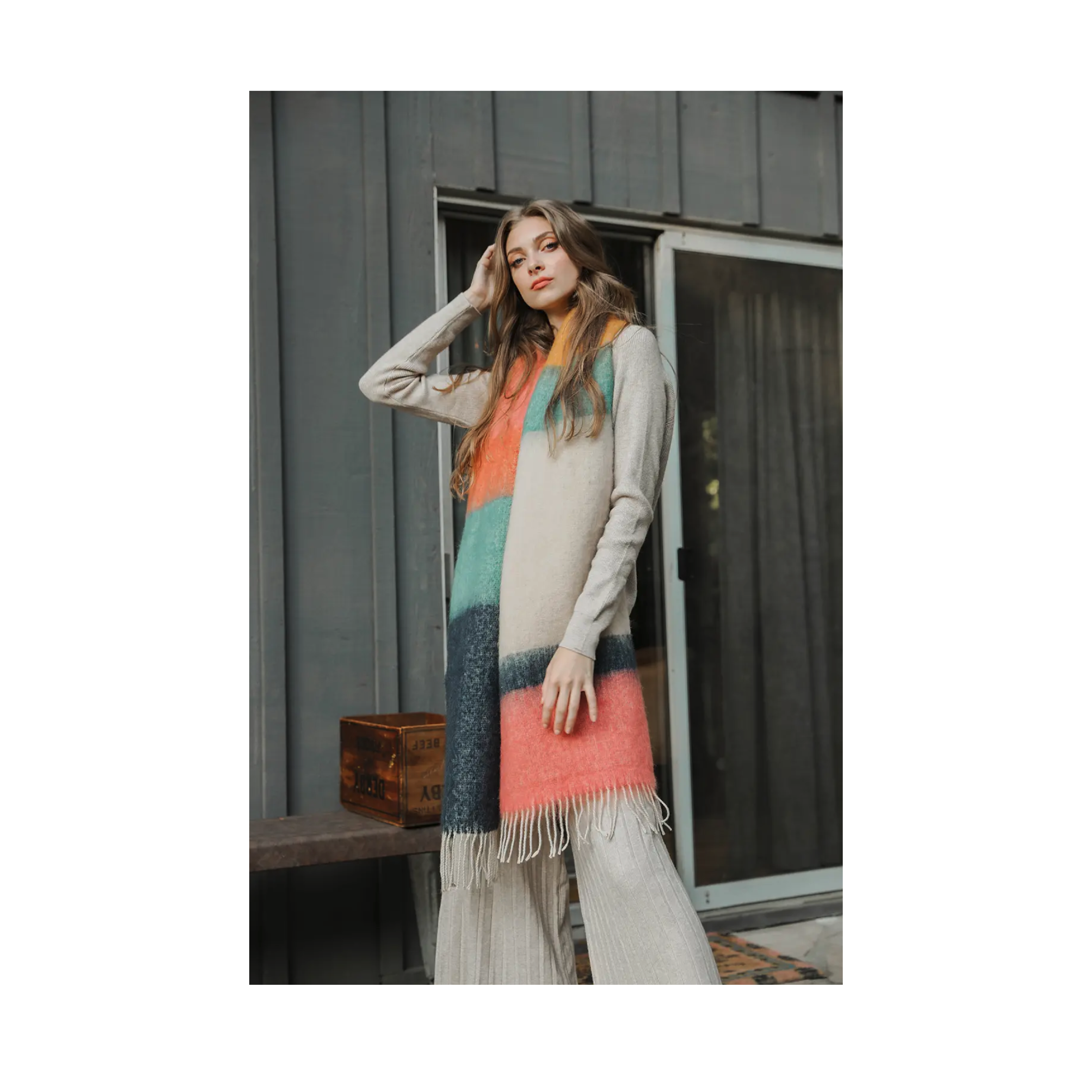 Color Block Soft Faux Mohair Scarf: Rose/Navy