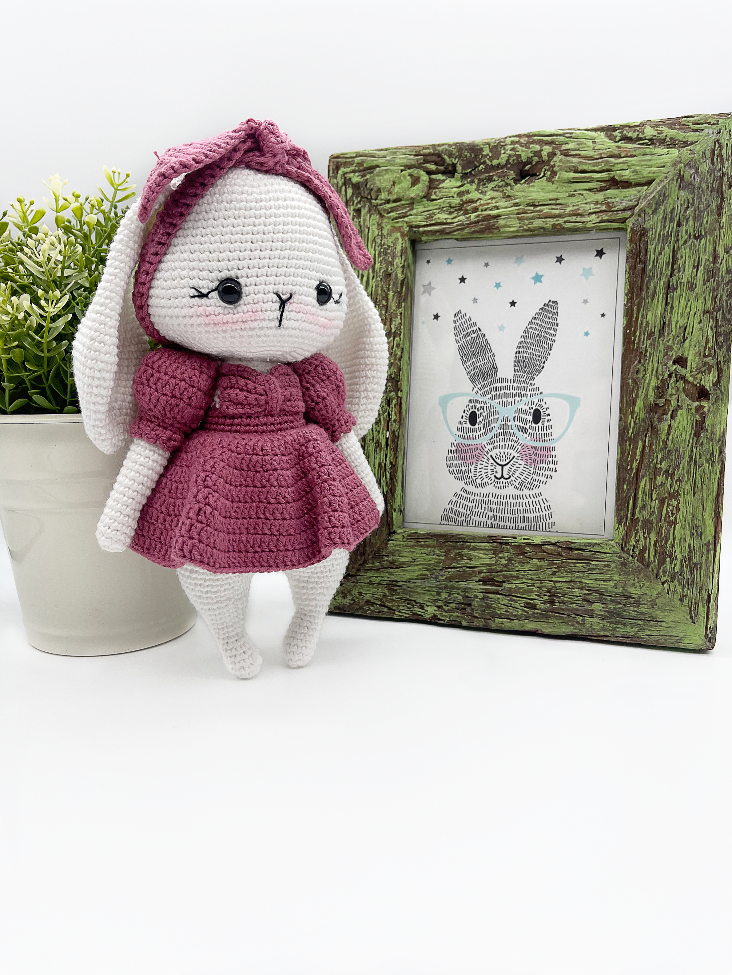 Crochet Bunny with Dress and Bow- 10.5"