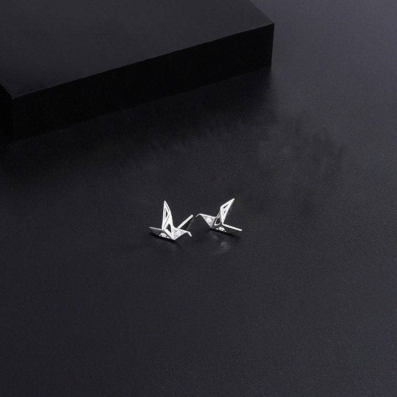 Japanese Orizuru Earrings in Sterling Silver: Silver/Stud