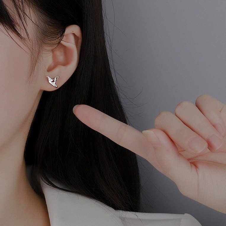 Japanese Orizuru Earrings in Sterling Silver: Gold/Stud