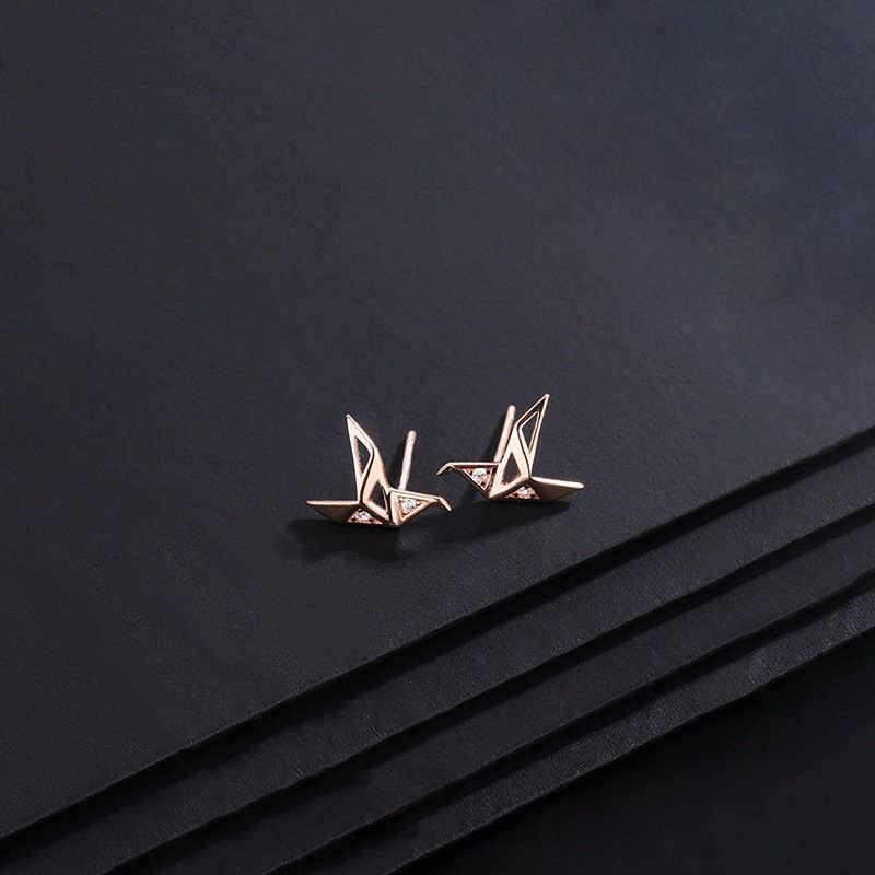 Japanese Orizuru Earrings Sterling Silver: Rose Gold/Stud